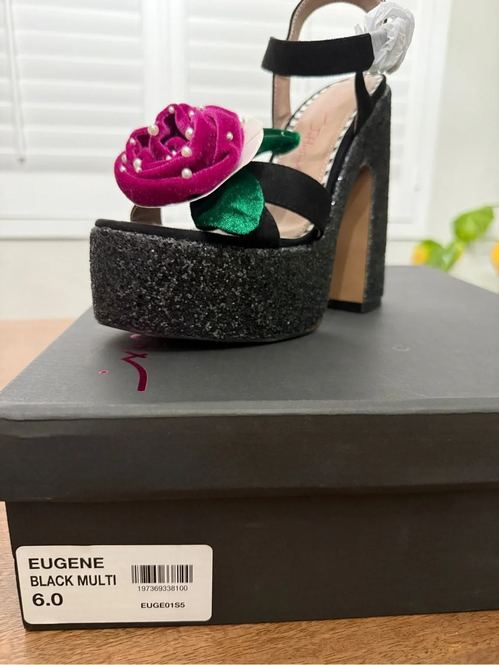 Black Multi Platform Heel Sandal with Pink Velvet Flower. Betsey Johnson Eugene